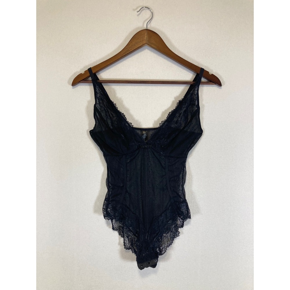 Romantic Secret Possessions Women Medium Black Lace Mesh‎ Sheer Snap Bodysuit